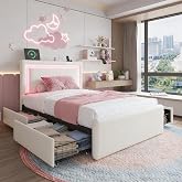 Twin Size Bed Frame with 4 Storage Drawers, Upholstered Headboard, White | Modern Bed, Charging Station, LED Light, Adjustable Height Headboard, Noise-Free, No Box Spring Needed, Easy Assembly