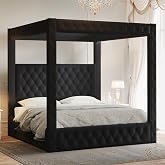 Jocisland King Canopy Bed Frame Velvet Upholstered Headboard, Black | 74.8" Tall Four Poster, Deep-tufted velvet, 51.2" headboard, USB-A &amp; USB-C outlets, No box spring needed, 45-min assembly