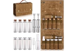 TOBWOLF Camping Spice Kit with 9 Jars, 2 Salt/Pepper Grinders, Portable Spice Bag, Foldable Canvas Seasoning Storage Bag Organizer, Mini Condiment Container Set for Outdoor Camping Picnic BBQ - Khaki