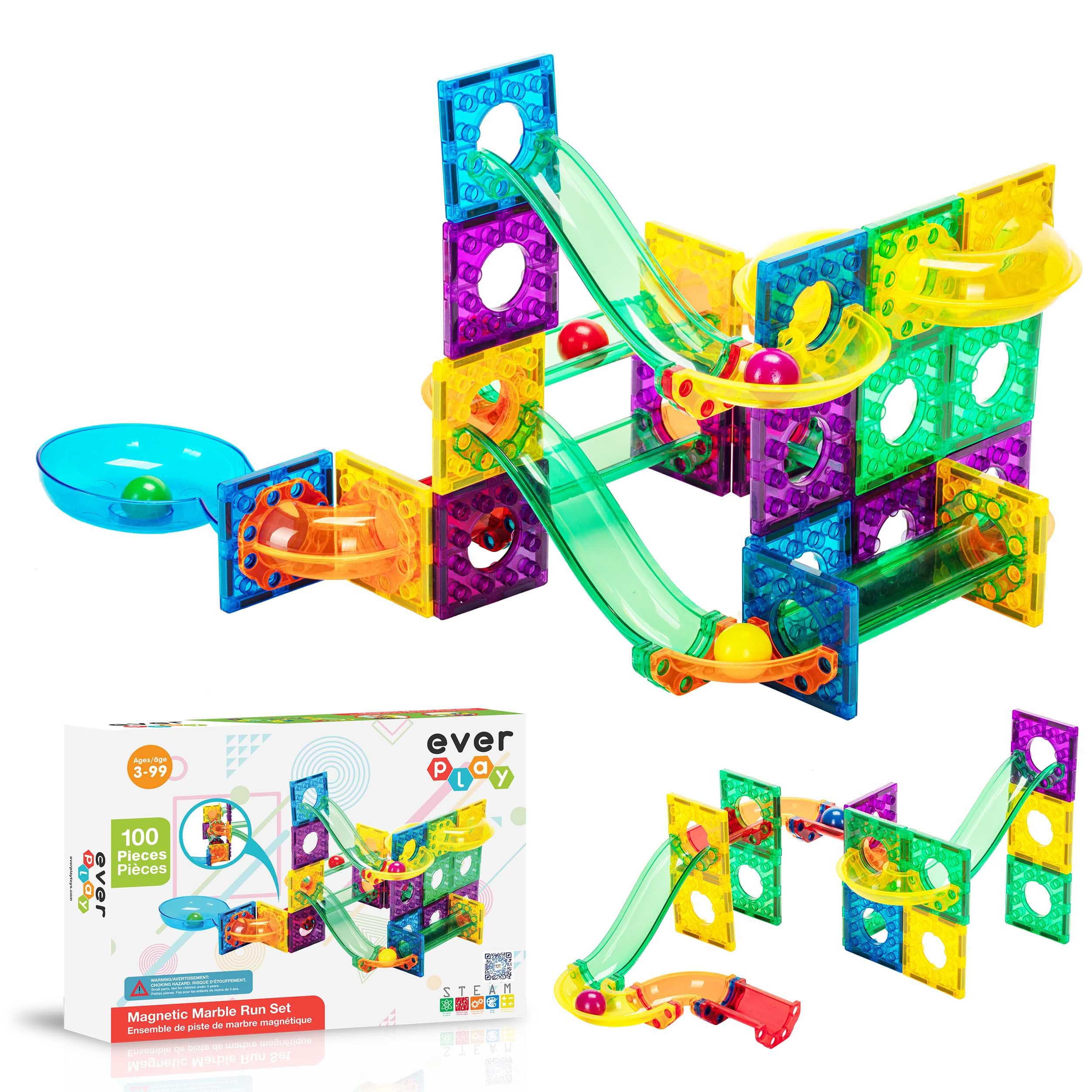 Everplay 100 Piece Marble Run Magnetic Building Toys Magnet Tile Construction Blocks STEM Learning Educational Toy Playset Toddlers Preschool Boys Girls Kids Children Unlimited Creations Age 3+ and Up