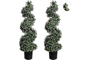 momoplant White-Fruit 35 Inch Artificial Boxwood Topiary Tree Spiral Plants Fake Faux Plant Decor in Plastic Pot Green Indoor or Outdoor, Set of 2
