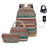 Bohemian Waterproof Laptop Backpack with USB Charging Port and and Headphone Interface, Water Resistant 15.6 Inch College School Backpack with Lunch Bag and Pencil Bag for Women/Girls/Business/Travel