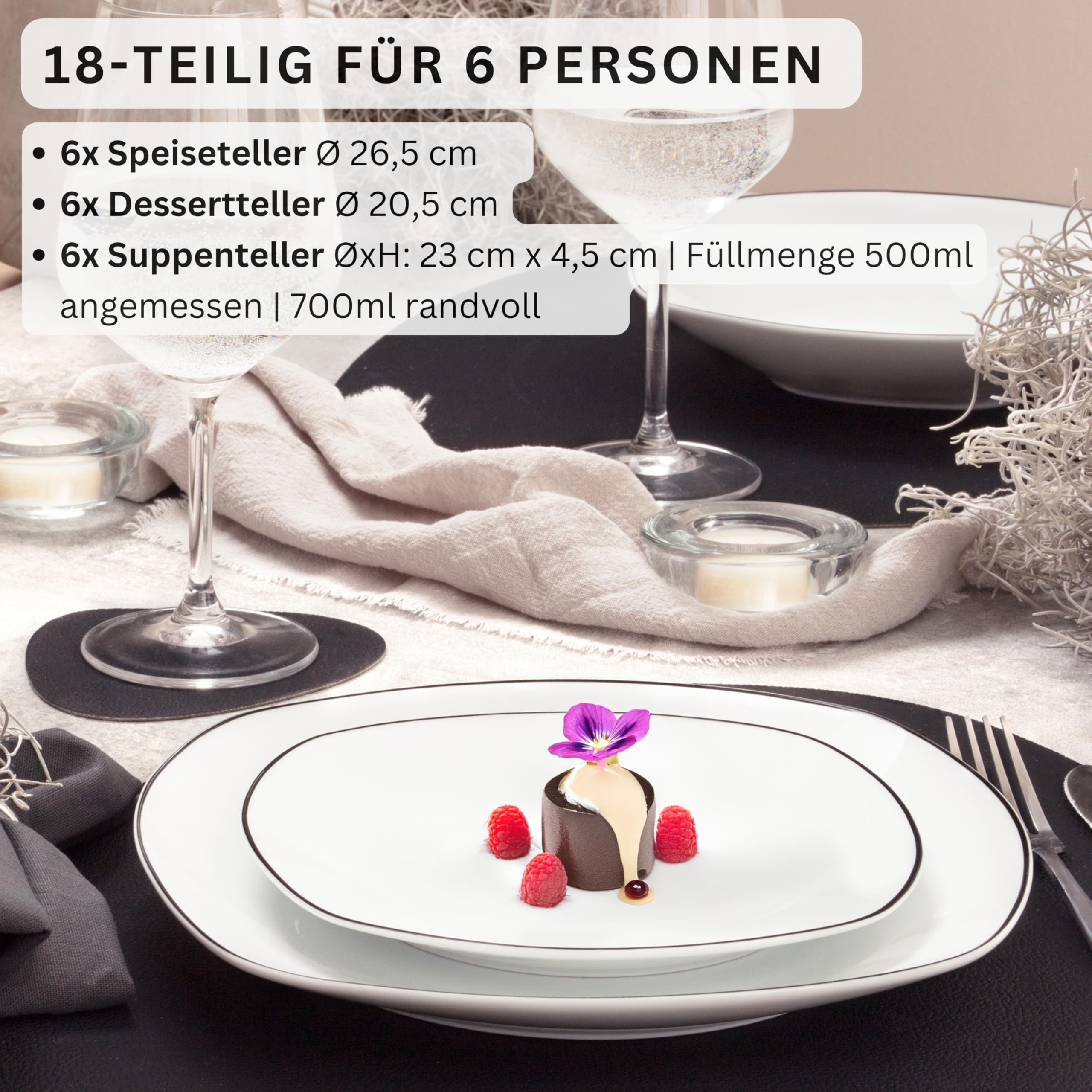 SÄNGER | Teller Set Bilgola Black Rim 18 tlg, Porzellan Geschirrset 6 Personen Tafelservice Spülmaschinenfest, Essgeschirr mit Flachen & Tiefen Tellern mit Schwarzen Akzenten | PREMIUM COLLECTION 3