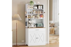 IRONCK Bakers Rack Microwave Stand with Storage and Pegboard, 71" Farmhouse Coffee Bar Cabinet with Drawer, Barn Doors, Adjustable Shelves for Kitchen, Dining Room, Living Room, White