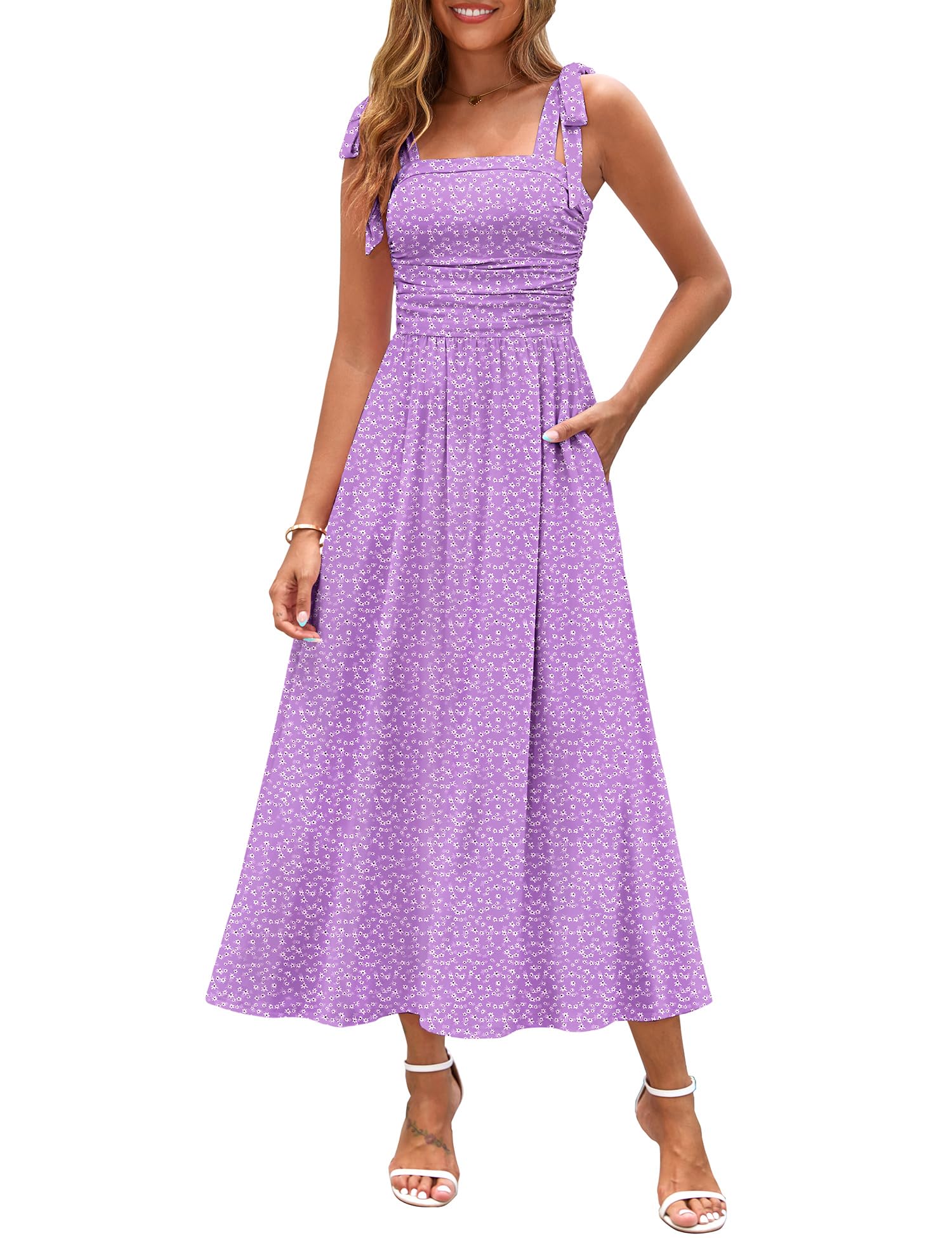 Photo 1 of Zattcas Womens 2025 Summer Casual Tie Strap Boho Floral Long Flowy Maxi Dress Smocked Sleeveless A Line Milk Maid Sun Dresses Vacation Tropical Spring Maternity Dress Lavender XL