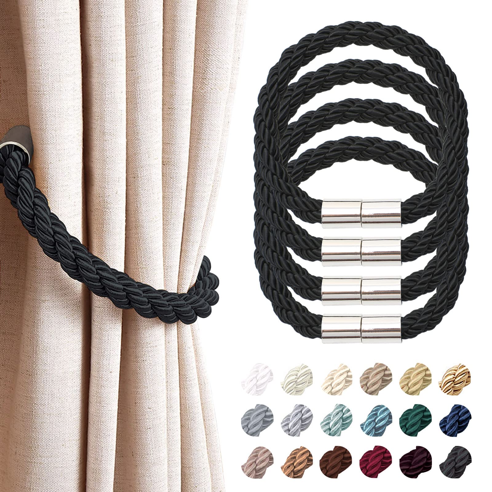 Pretty Jolly 4 Pack Strong Magnetic Curtain Tiebacks Modern Simple Style Drape Tie Backs Convenient Decorative Weave Rope Curtain Holdback for Thin or Thick Home & Office Window Drapery (Black)