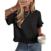 Simlakey Women's Short Sleeve Sweaters Round Neck Cute Ruffle Hem Knit Crochet Pullover Tops Casual Summer Blouse