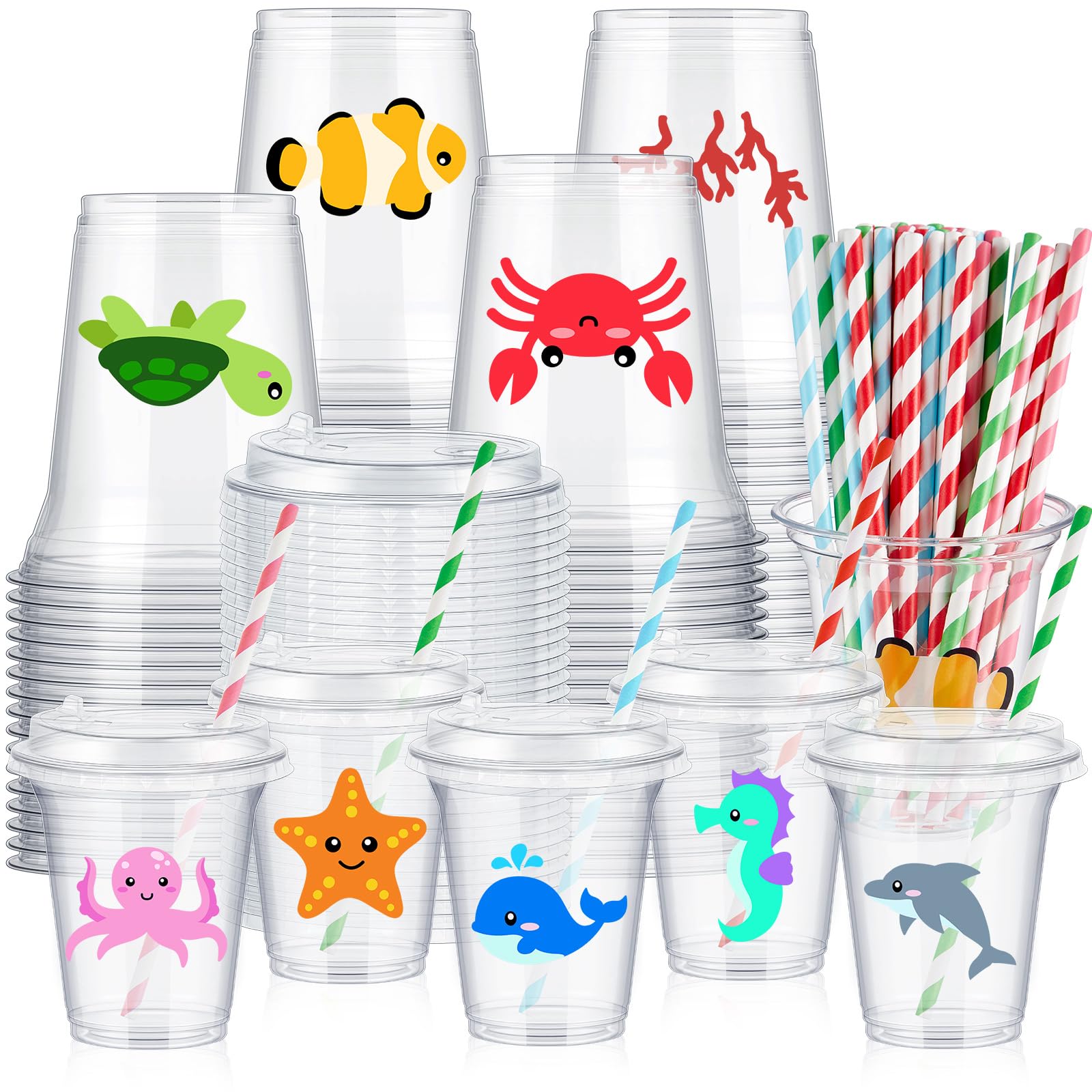 Photo 1 of Boao 36 Sets Under the Sea Ocean Party Cups with Lids and Paper Straws 14 oz Summer Sea Birthday Party Supplies Beach Pool Disposable Clear Plastic Cups Bulk