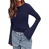 BTFBM Long Sleeve Shirts for Women 2026 Spring Y2K Clothes Casual Boat Neck Bell Sleeve Fitted Fall Going Out Tops