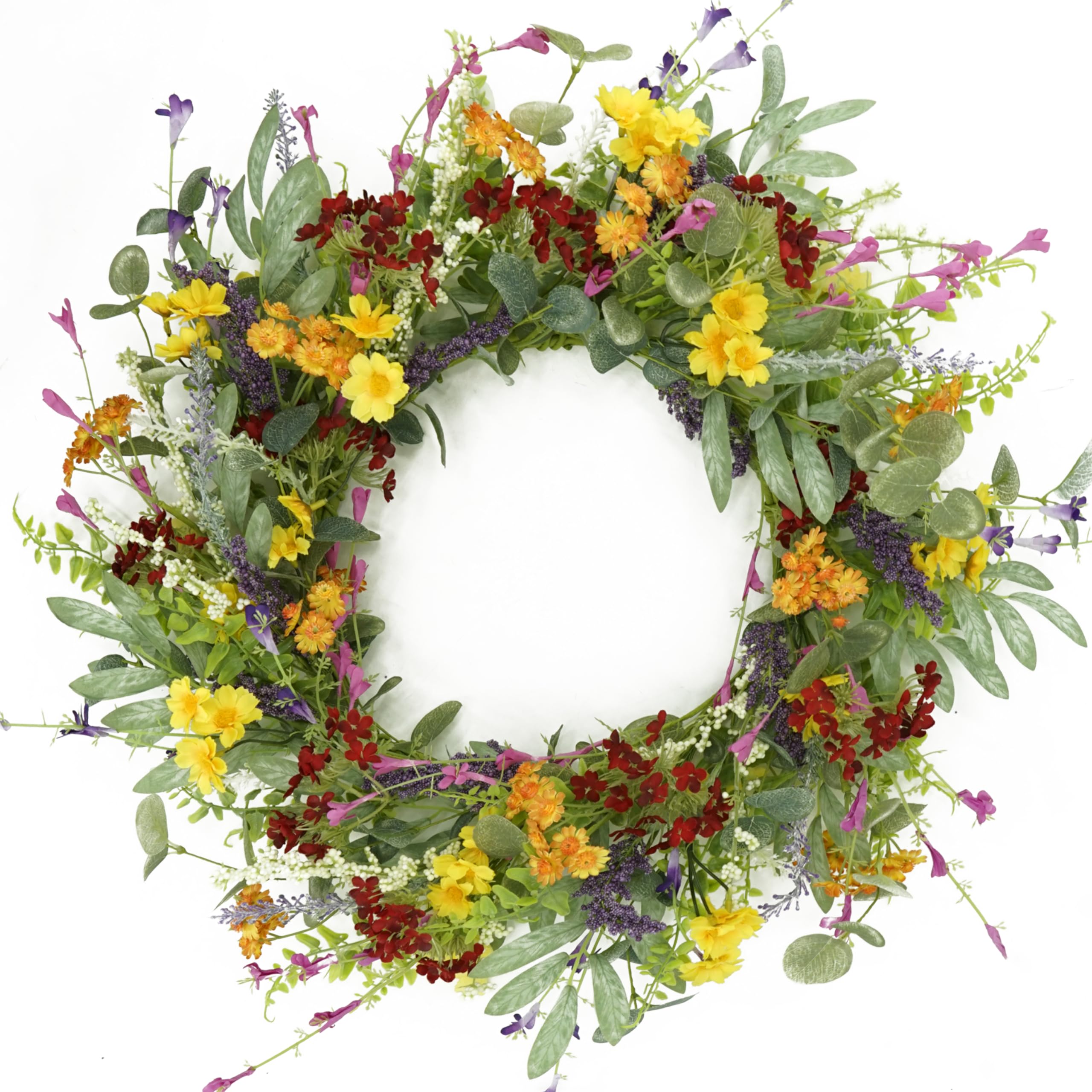AMF0RESJ Artificial Spring Summer Wreath for Front Door Yellow Daisy Wreath with Olive Leaf,Eucalyptus Leaves for Front Door Indoor Outdoor Wall Porch Farmhouse Home Decor