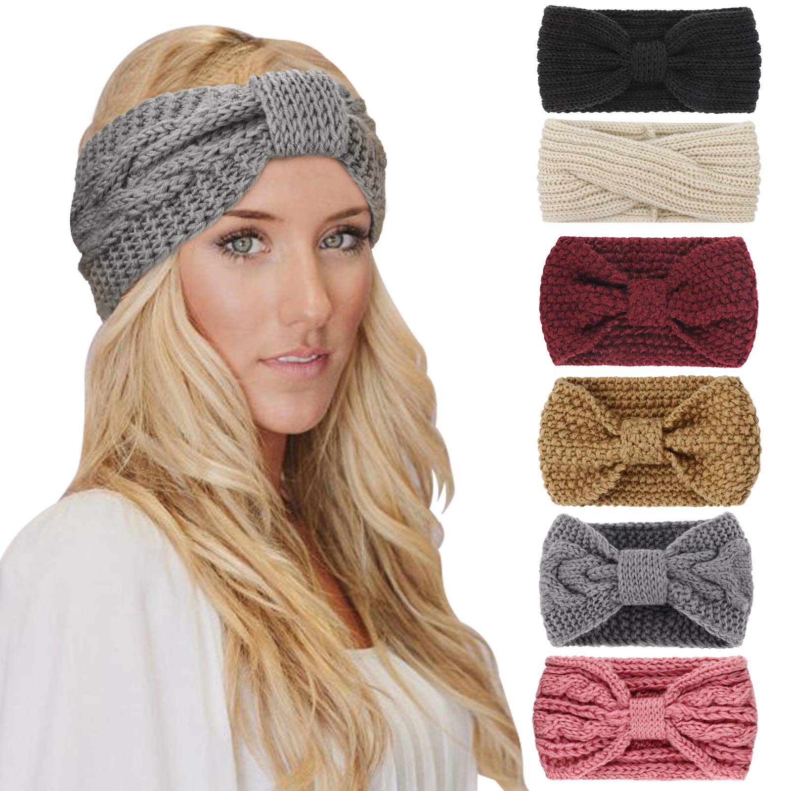 DRESHOW 6 Pieces Women Warm Knitted Headband Winter Ear Warmer Crochet Head Wraps Thick Cable Headband