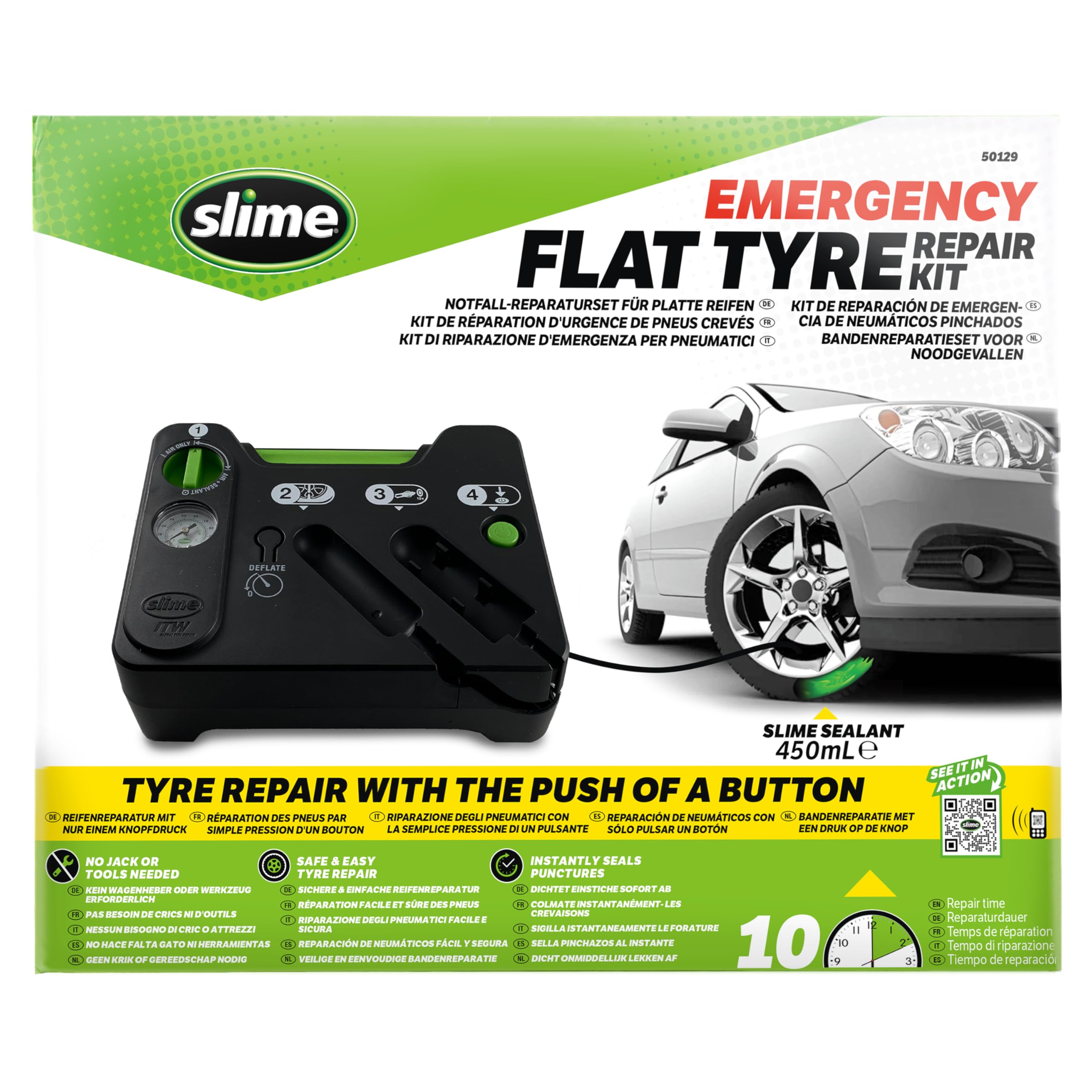 Slime 50129 Flat Tyre Puncture Repair, Emergency Kit, includes Sealant and Tyre Inflator Pump, suitable for cars and other highway Vehicles, 10 min fix