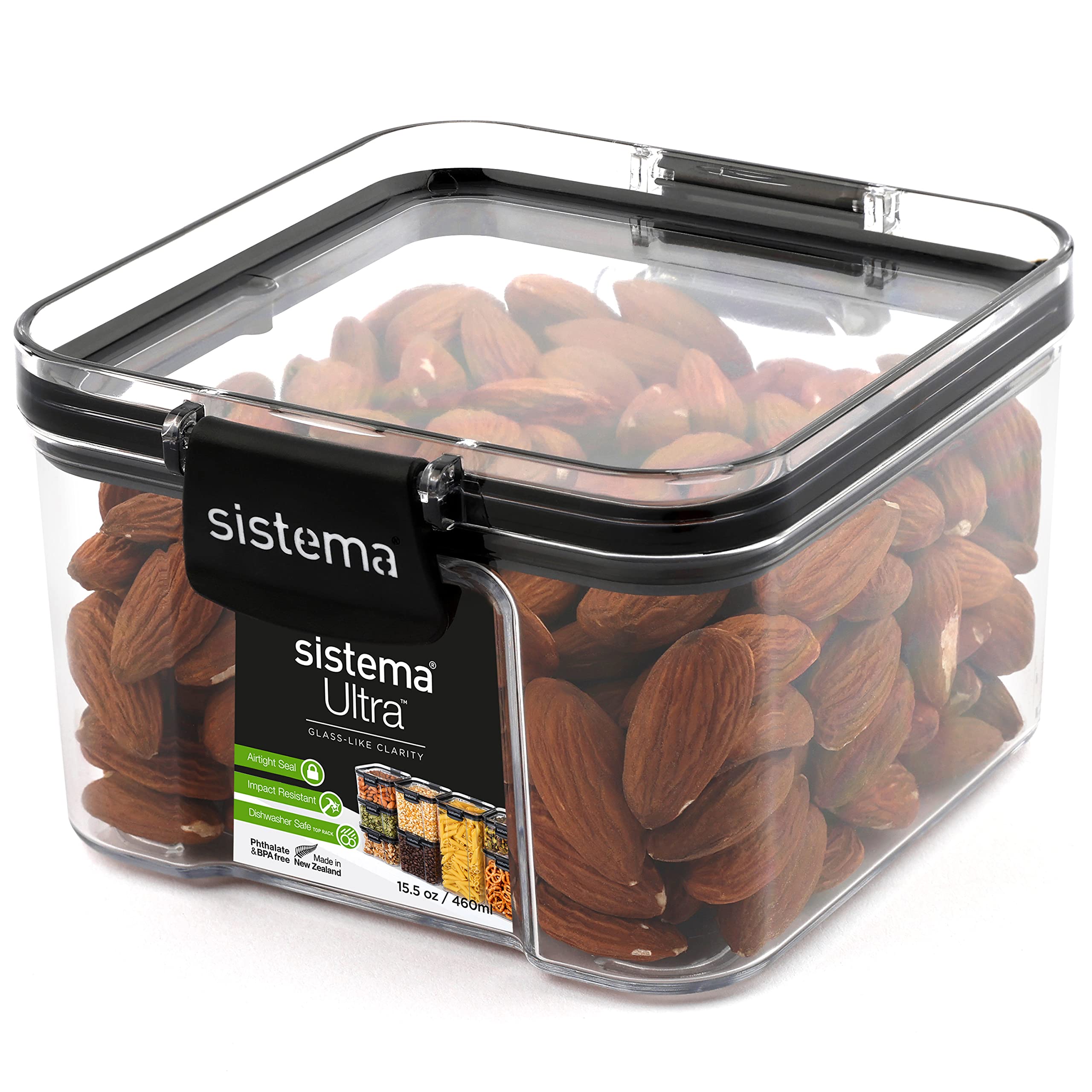 Sistema Ultra Airtight Pantry Storage Container | 460 ml Square Food Storage Container | Stackable | with Locking Clips | BPA-Free | Clear with Black Accents