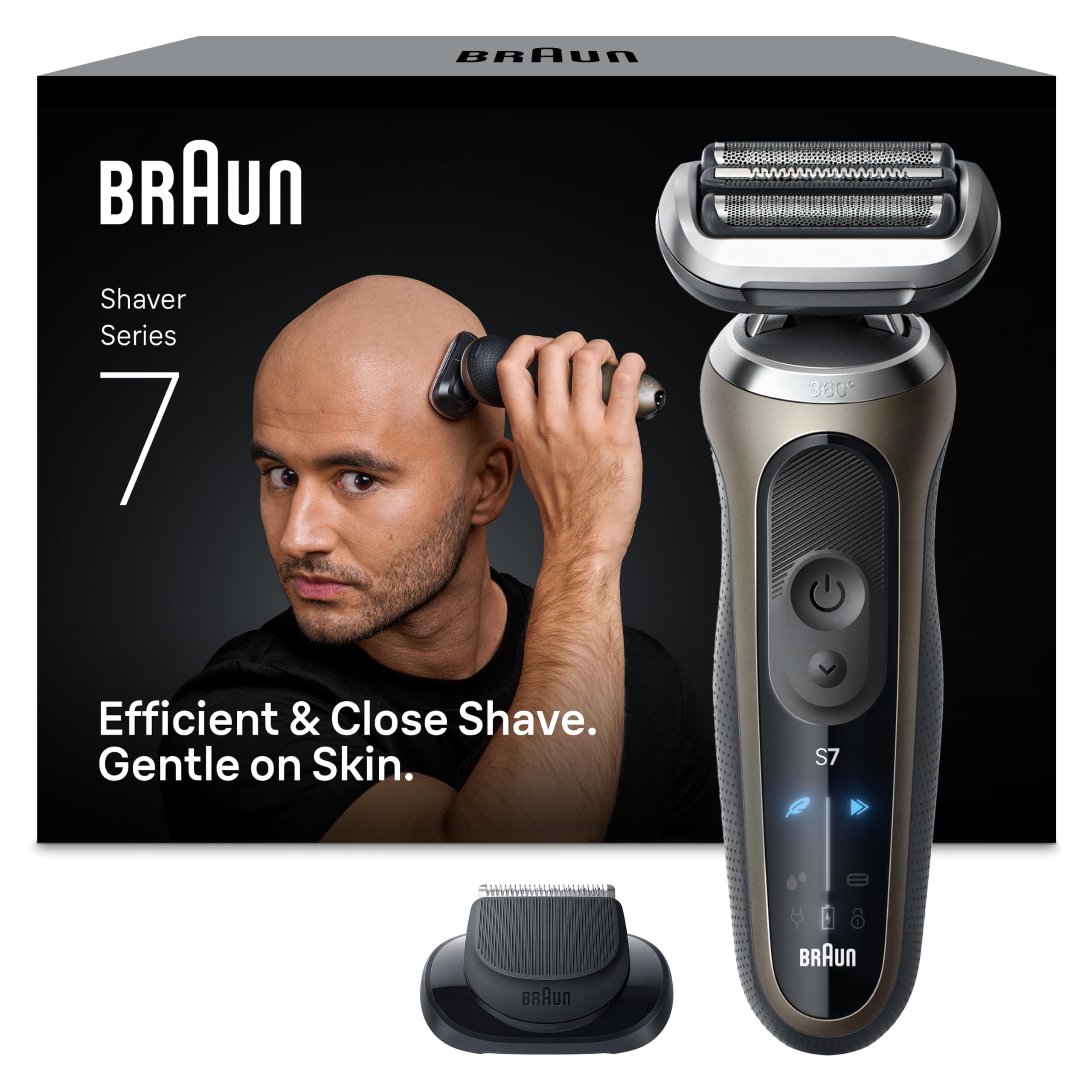 Braun Series 7 Glatzen Rasierer Herren, Elektrorasierer für Nass-& Trockenrasur und Glatzenrasierer / Kopfrasierer, Rasierapparat mit 60 Min. Akkulaufzeit, Wasserdicht, Gold