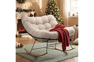 Bme Patio Rocking Chair Outdoor & Indoor, Beige Cushion - Wood Texture Rocker, Metal Patio Lounge Rocking Chair with Thick Cushion, Comfy Modern Rocker Chair for Living Room, Porch, Backyard