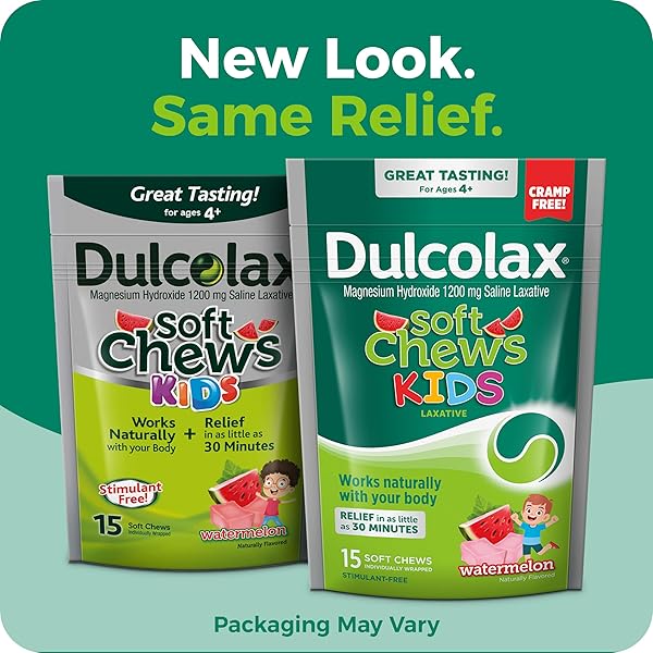 DULCOLAX KIDS SALINE LAXATIVE SOFT CHEWS, STIMULANT-FREE LAXATIVES, GENTLE CONSTIPATION RELIEF FOR KIDS, SOFTENS STOOL, WATERMELON FLAVOR, MAGNESIUM HYDROXIDE 1200 MG, 15 COUNT
