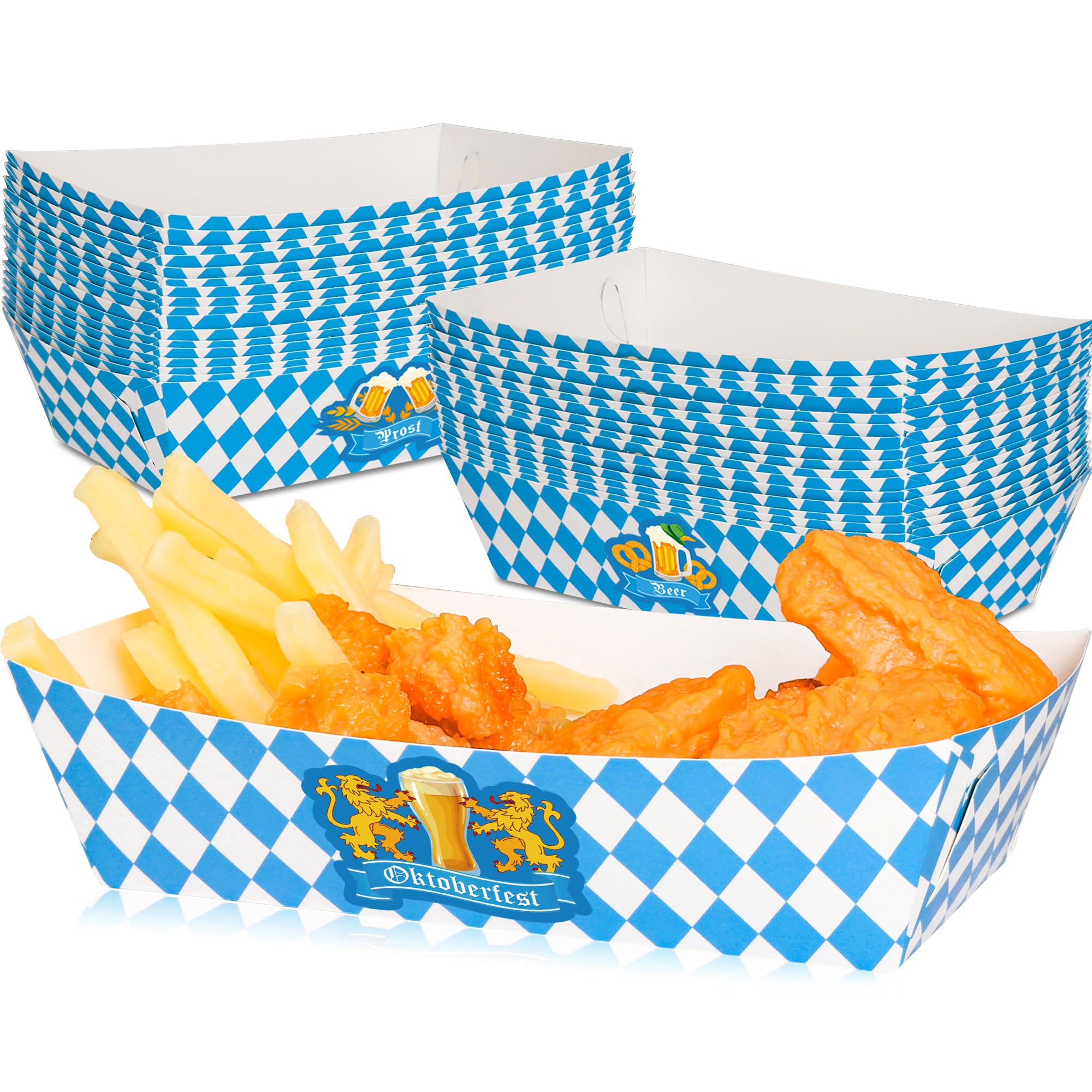 Photo 1 of 30 PCS Oktoberfest Decoration, Oktoberfest Food Trays with 3 Designs, Disposable Beer Gathering Supply, Paper Snack Take Out Food Serving Tray Blue White Checkered Tray Oktoberfest Party Supplies