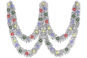 KIMOBER 32.8 Ft Christmas Prelit Tinsel Garland, Silver Metallic Garland with 100 LED Lights for Christmas Tree Decoration,Wedding Party Supplies