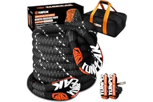 YUNPEAK 1.26" x 30ft Heavy-Duty Kinetic Recovery Rope – 56,000lbs Break Strength – Includes 2 Ultra-Strong UHMWPE Soft Shackles – Ideal for Trucks, SUVs, Jeeps, UTVs, ATVs & Tractors (Black)