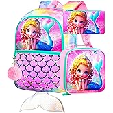 FTJCF 3Pcs Mermaid Backpack Set, 16" Girls Sequins Bookbag with Lunch Box, School Kids Backpacks for Elementary Preschool Kindergarten(Pink)