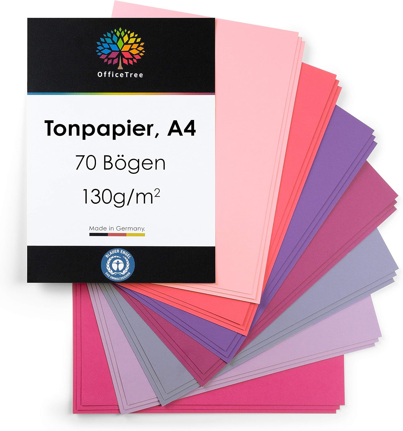 OfficeTree 70 x Pink colour Paper A4 - 7 Colours - 130 g/m² - Crafting Set for Children's Coloured Card, DIN A4