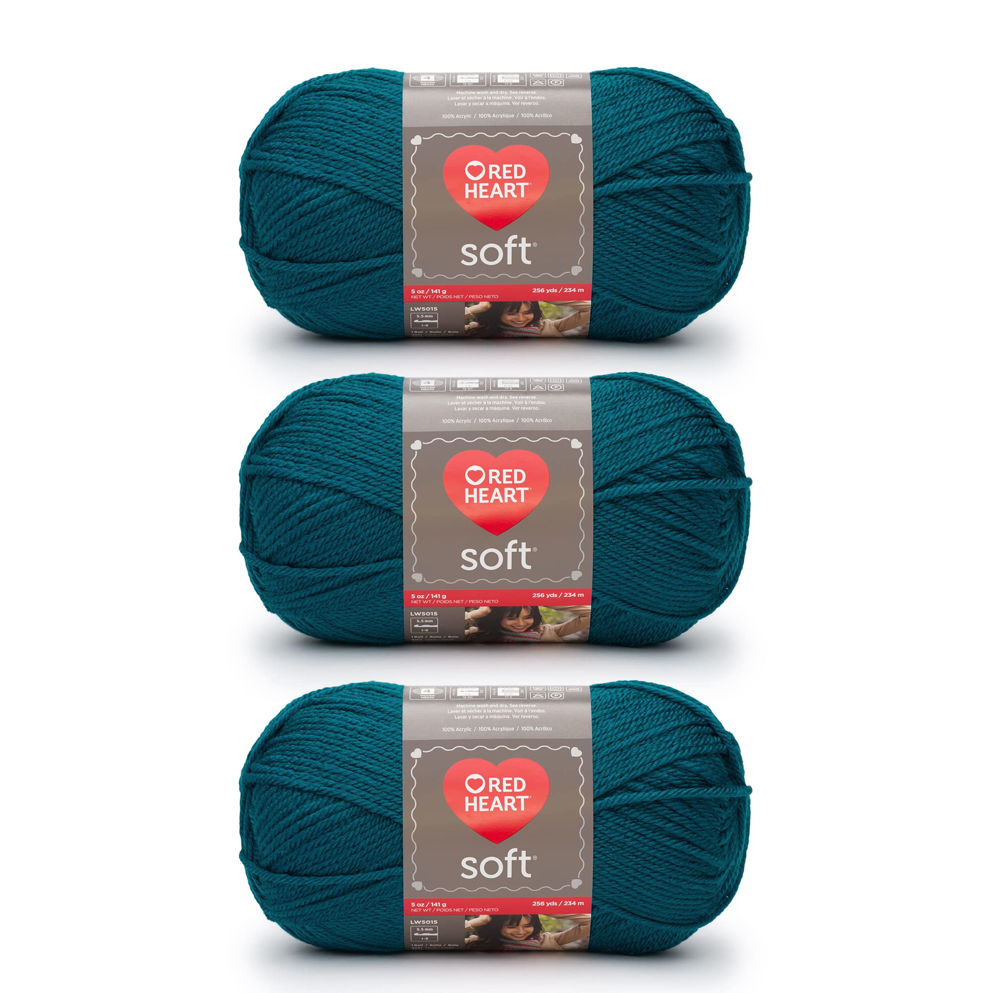 Red Heart Soft Teal Yarn - 3 Pack of 141g/5oz - Acrylic - 4 Medium (Worsted) - 256 Yards - Knitting/Crochet