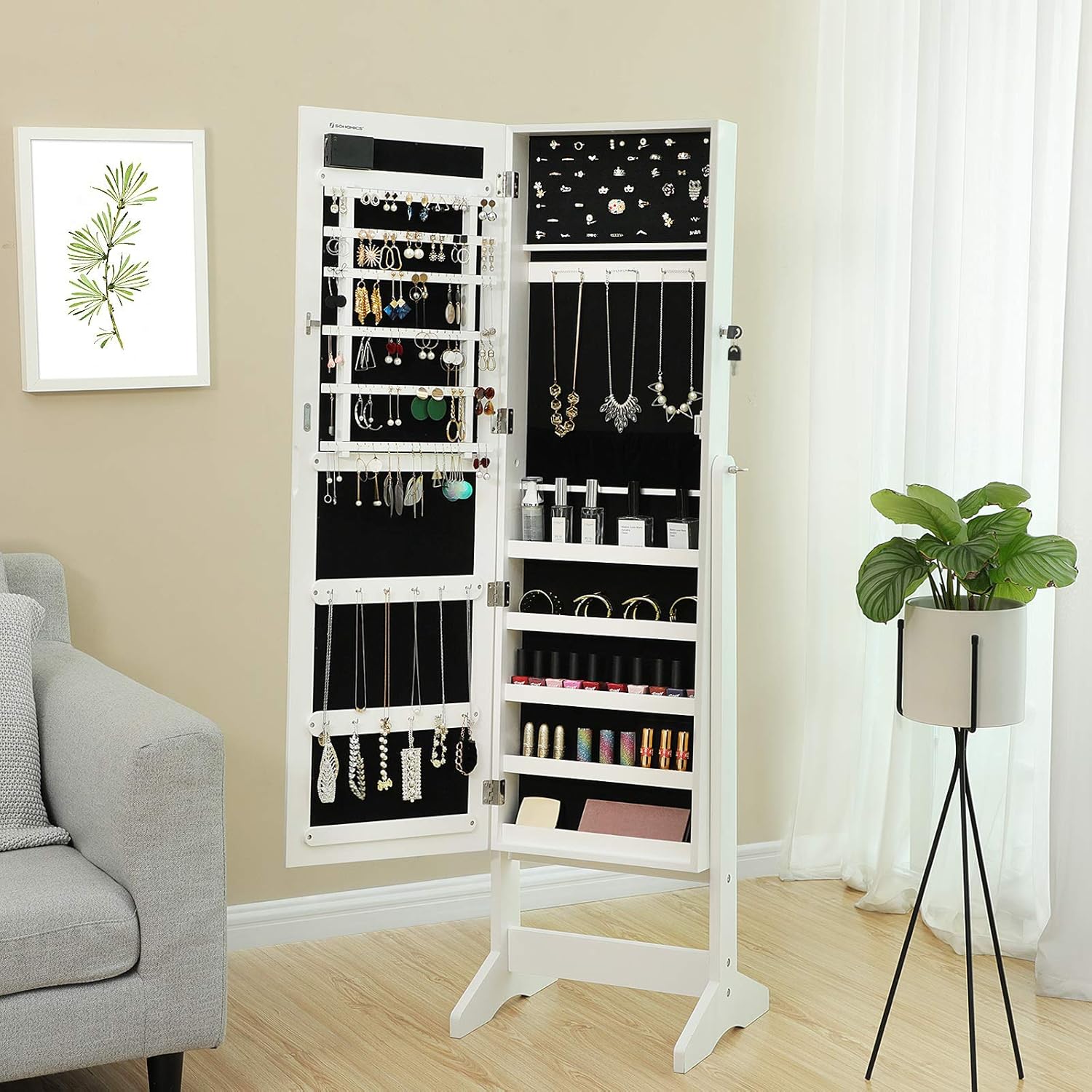 SONGMICS Espejo Joyero Con Luces LED Y Cerradura Armario De Pie