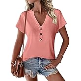 EADINVE Womens Tshirts V Neck Short Sleeve Buttons Tops Batwing Sleeve Tee Summer Color Block Blouse Loose Fit 2024 Shirs