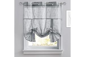 PONY DANCE Small Window Curtains - Kitchen Curtain Roman Shade Linen Look Sheer Tie Up Blind Length Adjustable Valance for Bedroom/Bathroom, 42" x 45", Dark Grey, 1 Panel