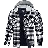 TACVASEN Men's Flannel Jacket with Hood Quilted Lined Plaid Shirts Jacket Cotton Long Sleeve Button Down Shirt Shacket