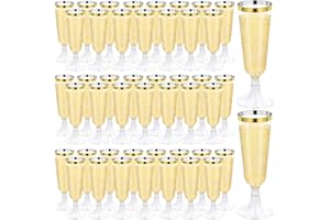 100 Pcs Plastic Champagne Flutes, Disposable Clear Gold Rim Champagne Glasses, 5oz Plastic Wine Glasses, Assemble Plastic Cha