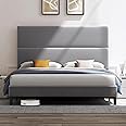 AMERLIFE Queen Size Bed Frame with Adjustable Headboard, Linen Upholstered Platform Bed/Strong Wood Slats Support/Easy Assembly/No Box Spring Needed/Noise-Free/Light Grey