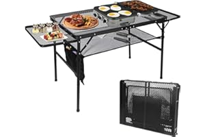 GFTIME 53.15” x 23.6” Outdoor Folding Camping Table, Grill Table, Card Table Adjustable Height & Width, with Mesh Bag, Side-P