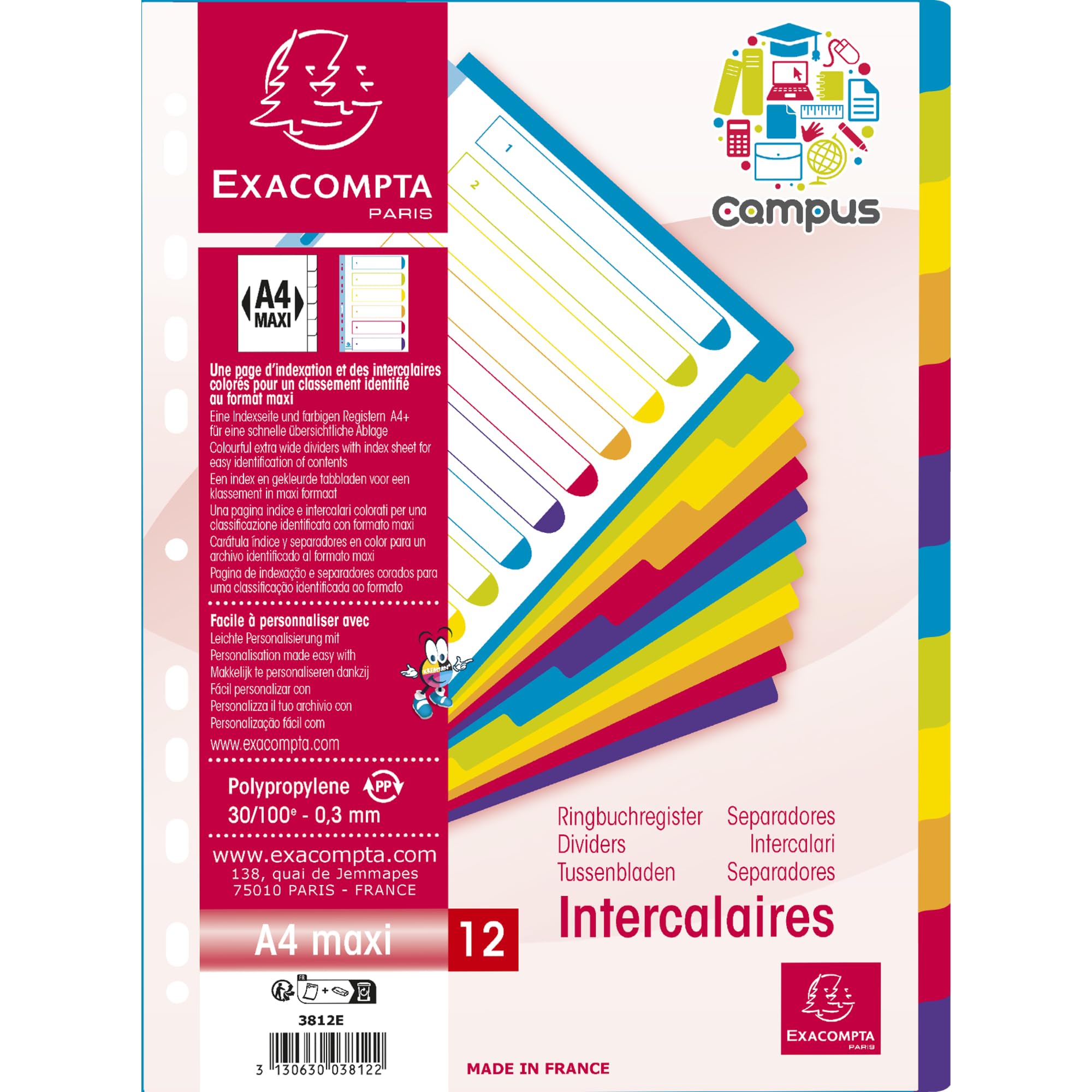 Exacompta - Ref 3812E - Box of 15 dividers Made of semi-Opaque Rigid Polypropylene with 12 Campus Neutral tabs - Printable indexing Page - A4 Maxi File Format - Translucent Colours
