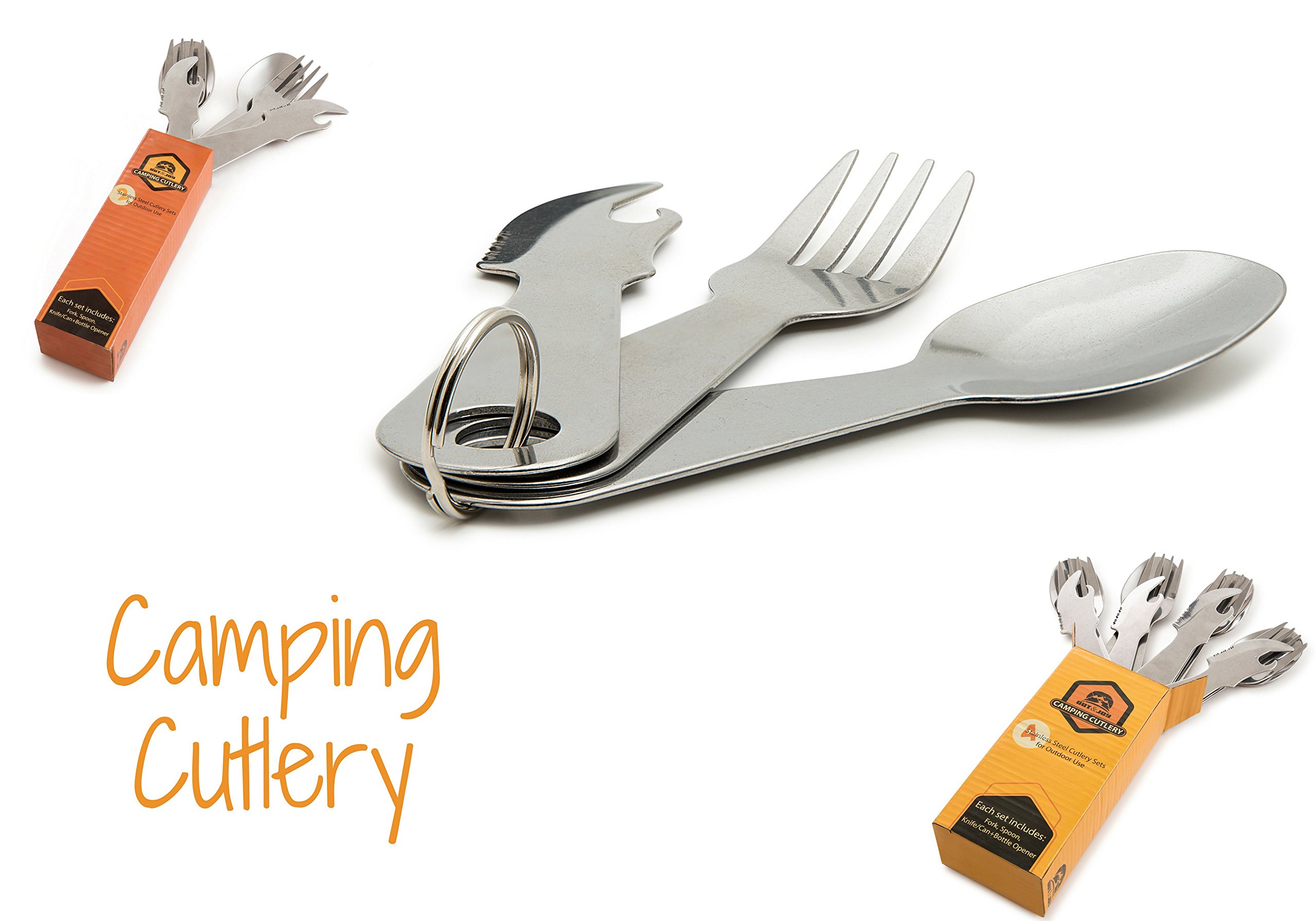 Out&Joy Lightweight Stainless Steel Camping Cutlery Set – Compact, Multi-Purpose, Eco-Friendly Silverware Set Includes 2 Forks, 2 Spoons, 2 Knives, + 2 Can and Bottle Opener (2 Person Setting)
