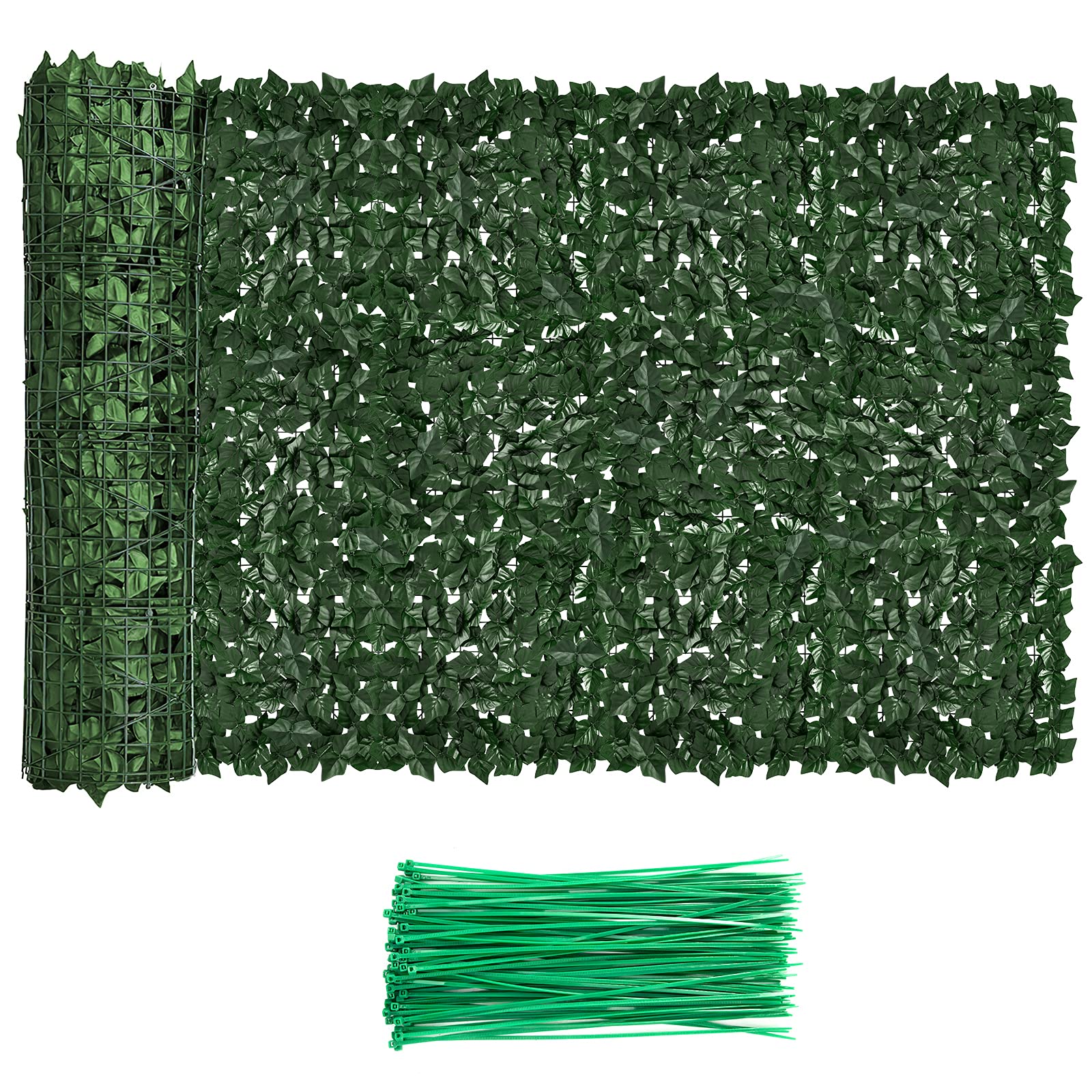 Photo 1 of Moeput Faux Ivy Fence Privacy Screen Outdoor Expandable Artificial Greenery Roll Fake Hedge Wall Patio Green Plastic Leaf Plant Vine Grass Panels Gate Covering for Garden Yard Balcony (118 X 39.4 in)