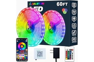 AILBTON Led Strip Lights,60ft Music Sync Color Changing, Built-in Mic,Bluetooth App Control LED Tape Lights with Remote,5050 RGB Rope Light Strips
