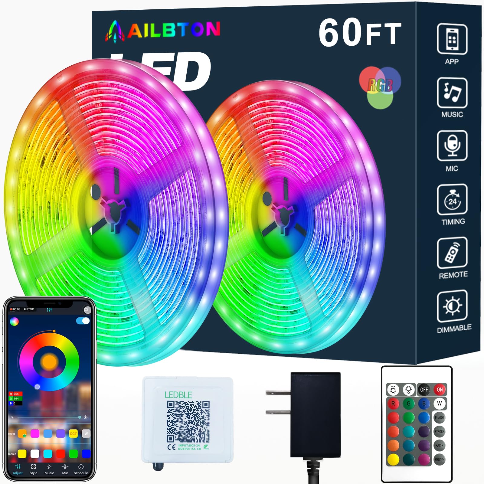 AILBTON 60FT/18M Led Strip Lights,RGB Led Light Strips Music Sync Color Changing Led Strip Built-in Mic,Bluetooth App Control LED Lights for Bedroom,Led Rope Lights with Remote