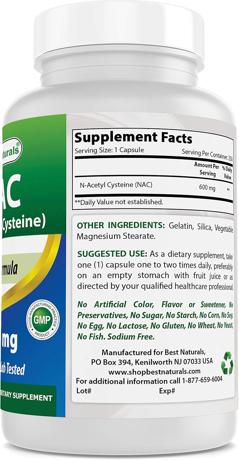 Best Naturals NAC N-Acetyl-Cysteine 600 mg 250 Capsules: Health & Personal Care