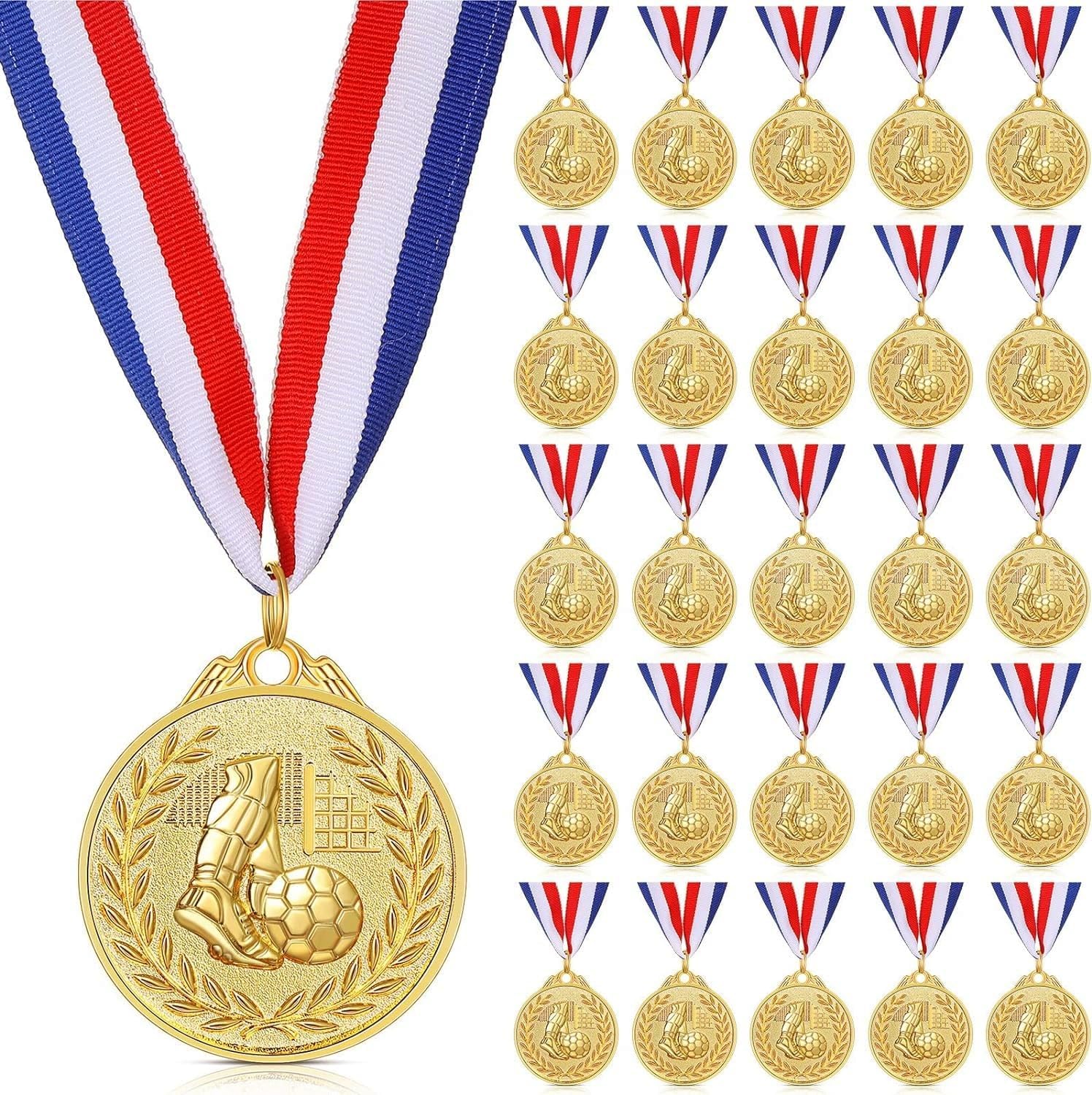 ASMIZ 24 Pc Football Medals for Kids Bulk, Gold Award Medals Set, 5 cm Olympic Style Gold Metal Medals with Ribbons for Children Games Party Favors Prizes Awards Adults Team Gifts