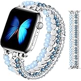 JR.DM Beaded Bracelet Bands for women Compatible with Apple Watch 40mm 38mm 41mm 44mm 42mm(S10/11) Fashion Cute Dressy Stretchy Handmade Strap for iWatch Series 11/10/9/8/7/6/5/4/SE 3/2/1(Blue/Silver)