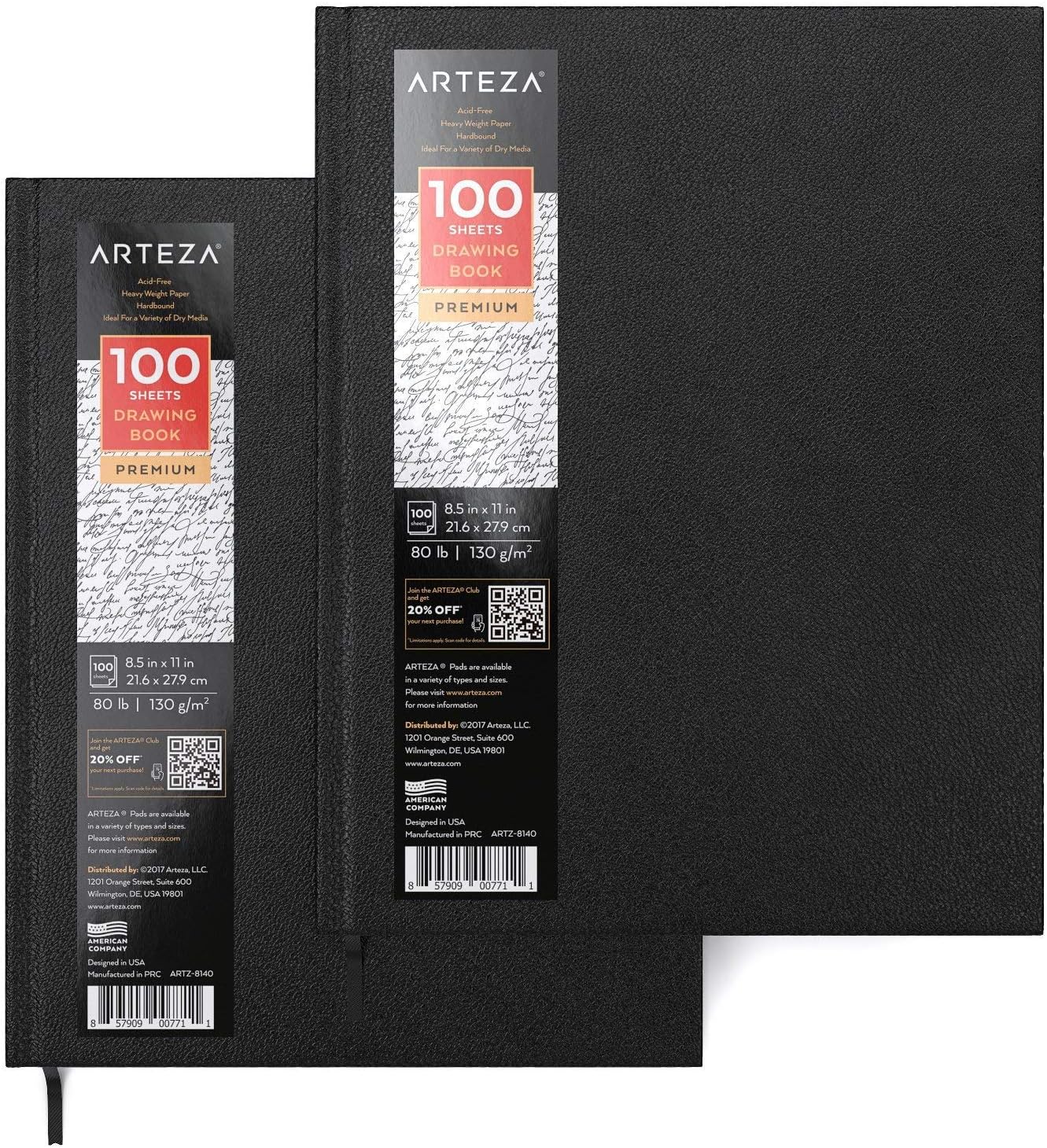 Arteza 8.5x11" Hardbound Sketchbook, Set of 2 Heavyweight Hard Cover Sketch Journals, 100 Sheets Each, 80lb/130gsm, Perfect for Drawing, Sketching, and Journaling: Home & Kitchen
