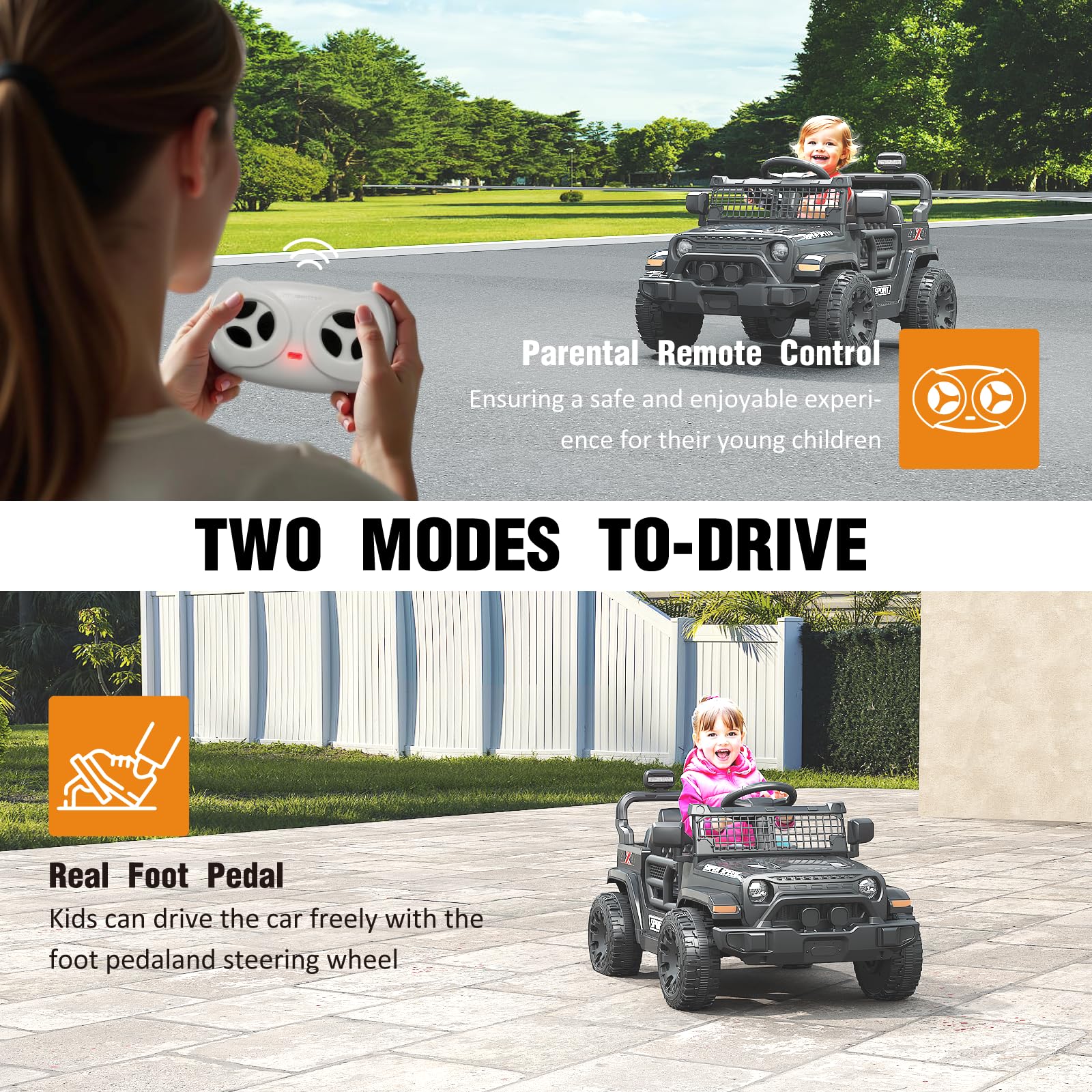 TRINEAR 12V Ride on Truck Car with Parent Remote Control, Electric Toys with Spring Suspension, LED Lights & Music Player - Safe Toddler Battery Car for Kids, Easy to Assemble, Black