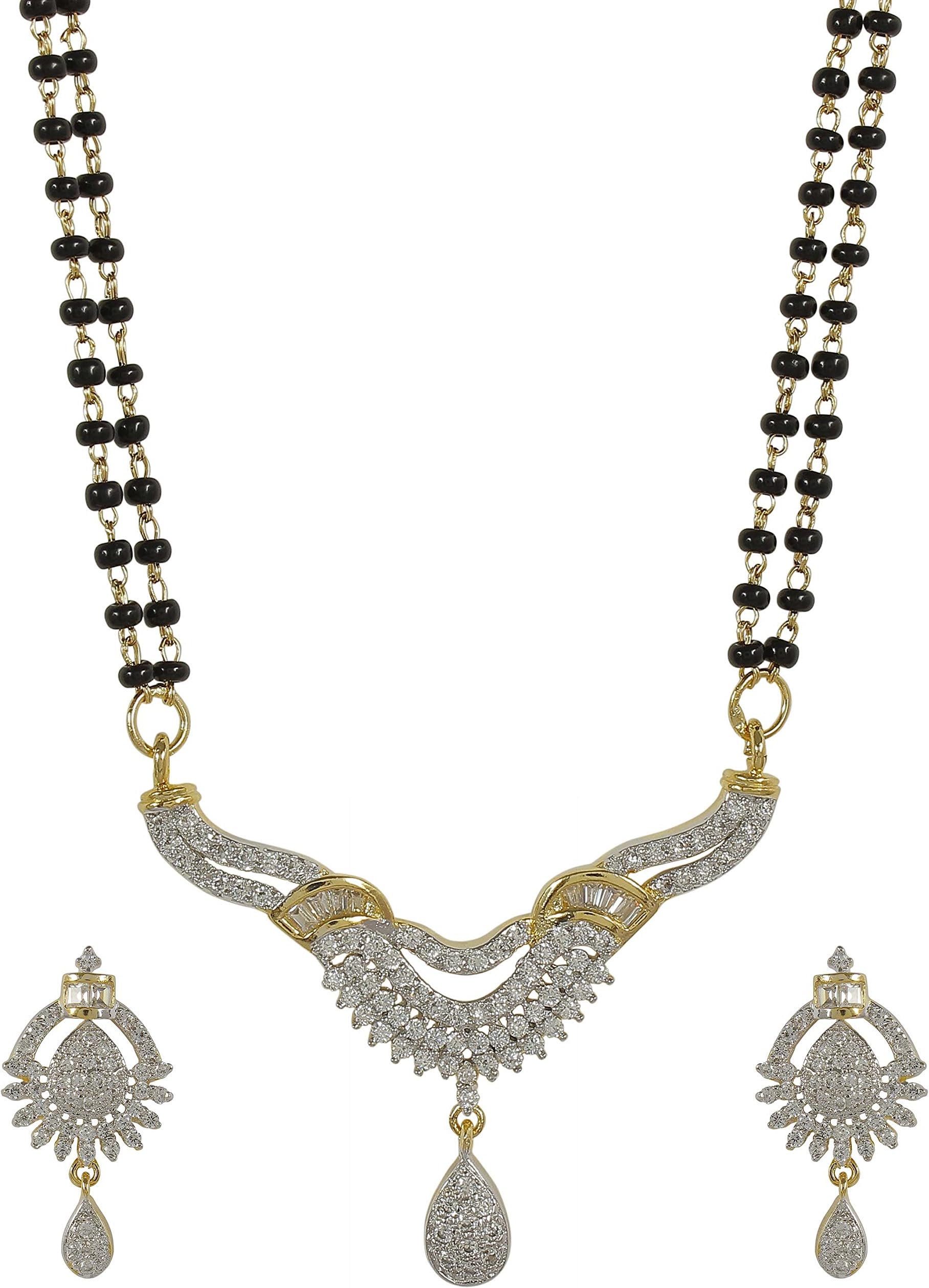 Muchmore Stunning American Diamond CZ Fashion Jewelry Traditional Mangalsutra Golden Black Beads Chain Set