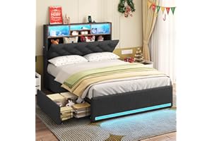 HAUOMS Twin Size Bed Frame with Hidden Storage Headboard and 4 Drawers, Upholstered Platform Bed Twin with LED Lights & Charging Station, No Box Spring Needed, Noise-Free, Dark Grey