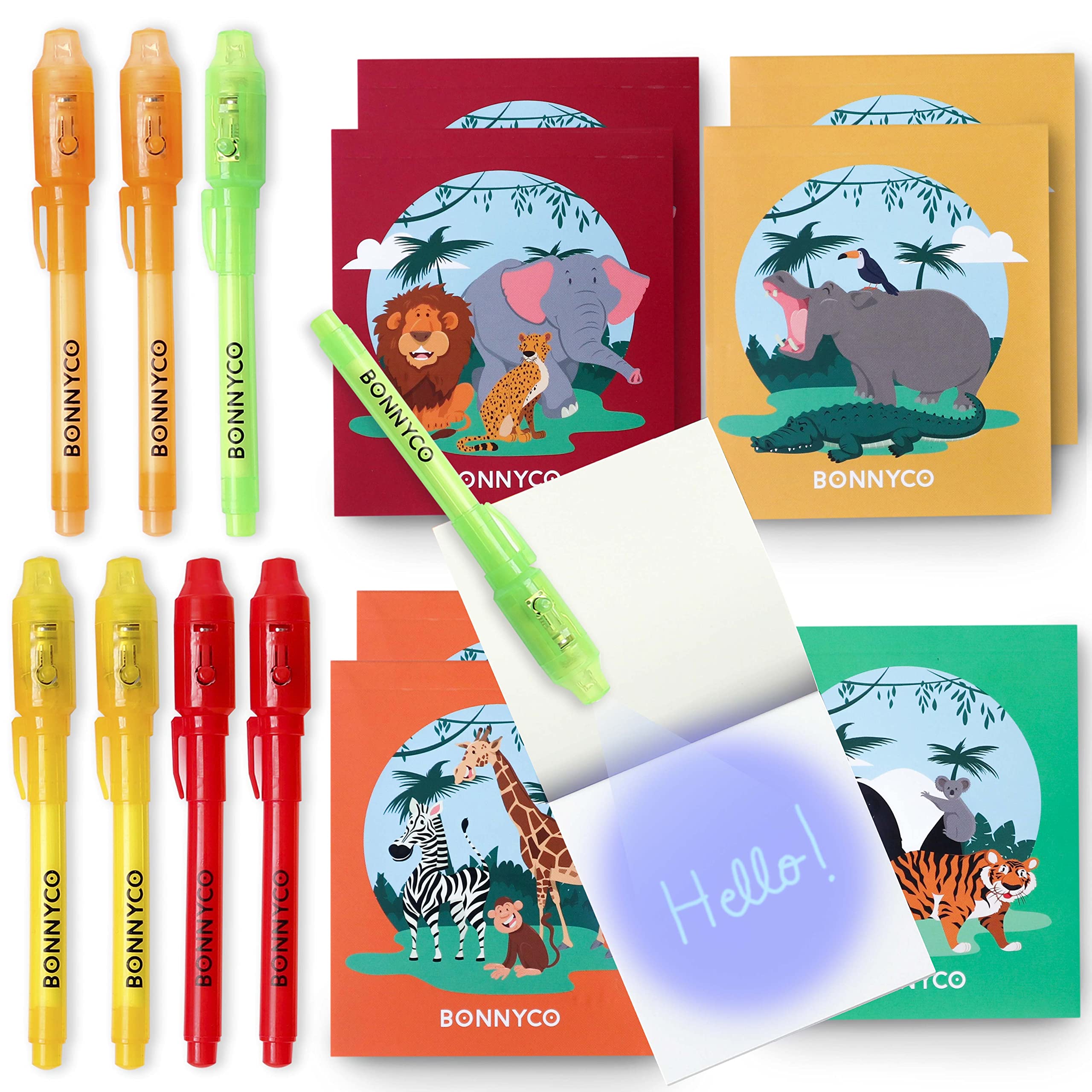 BONNYCO Invisible Ink Pen and Notebook, Pack 8 Jungle Animals Party Bags Filler and Pinata Toys. Jungle Birthday Decorations, Stocking Fillers for Kids Birthday. School Prizes, Gifts for Children