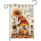 Heyfibro Happy Fall Y'all Gnome Garden Flag 12x18 Double Sided Burlap, Autumn Retro Pumpkin Sunflower Yard Flags for Thanksgiving Rustic Seasonal Outside Outdoor Decoration (ONLY FLAG)