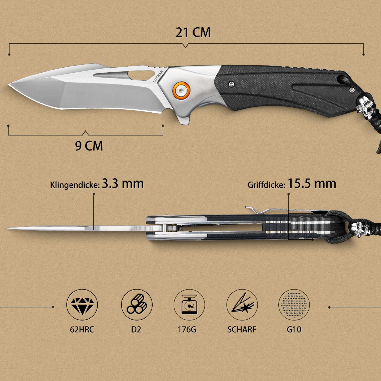 LOTHAR LICH KING Klappmesser, Scharfe D2 Stahl Taschenmesser 6