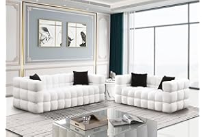 KINFFICT 2-Piece Modern Sofa Couch Set, Comfy Contemporary Furniture with 3 Seat Sofa and Loveseat, Comfy Boucle Sofa with Pillows, Upholstered Tufted Cloud Couch for Living Room, Waiting Room, Office, White