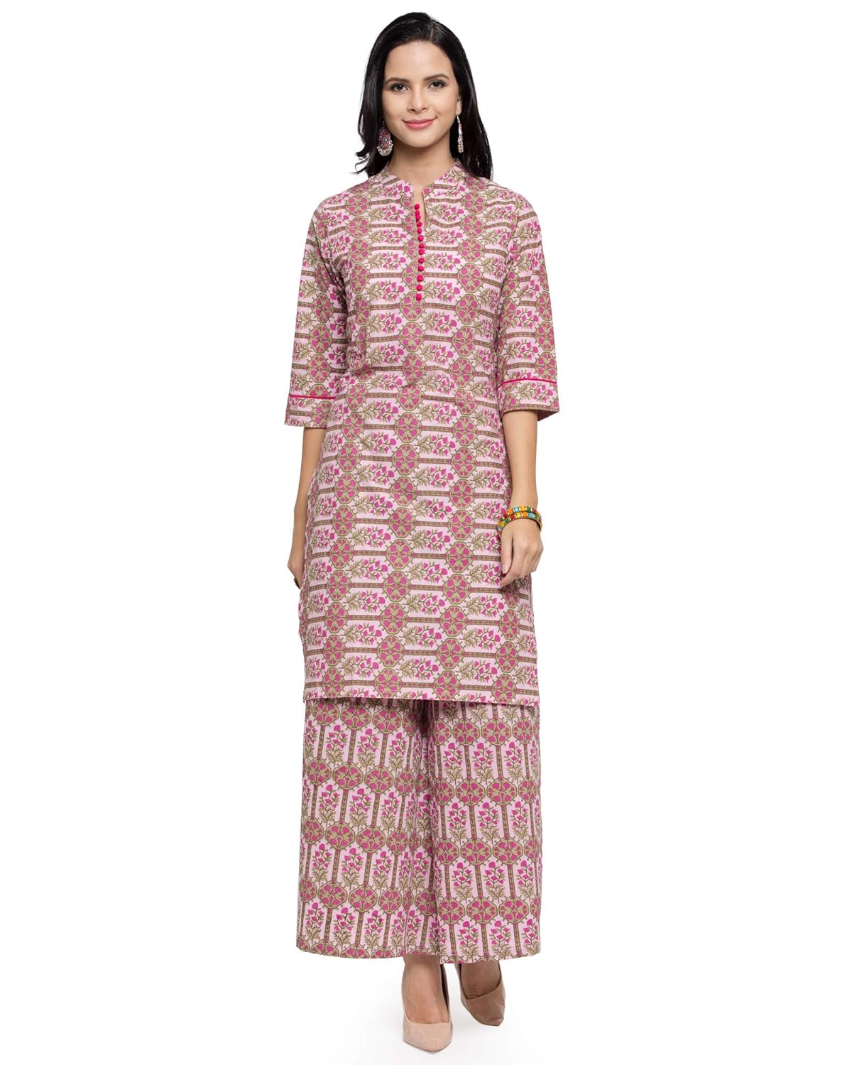 Buy Aarsha Pink Printed Chinese Collar Women's Straight Cotton Kurti at